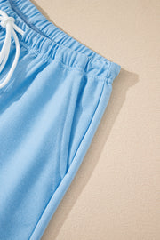 Myosotis V Neck Drop Shoulder Tee and Patchwork Drawstring Shorts Set