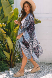 Blue Retro Floral Print Long Loose Open Front Kimono