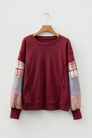Red Sandalwood Plaid Colorblock Patchwork Sleeve Raw Seam Sweatshirt