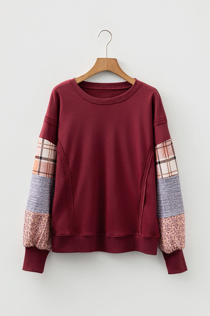 Red Sandalwood Plaid Colorblock Patchwork Sleeve Raw Seam Sweatshirt