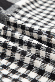 Black Double Plaid Patchwork Drawstring Hooded Shacket