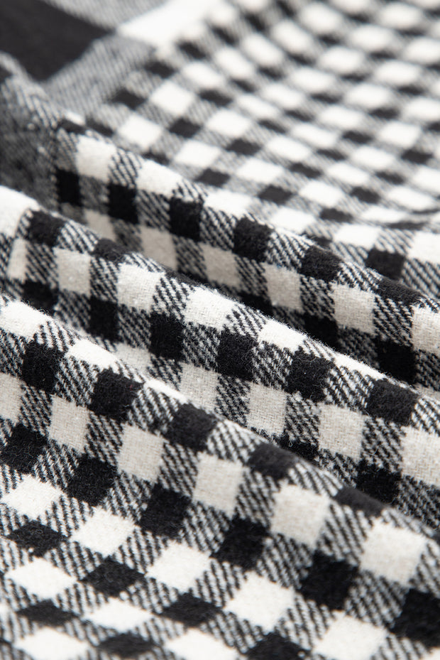 Black Double Plaid Patchwork Drawstring Hooded Shacket