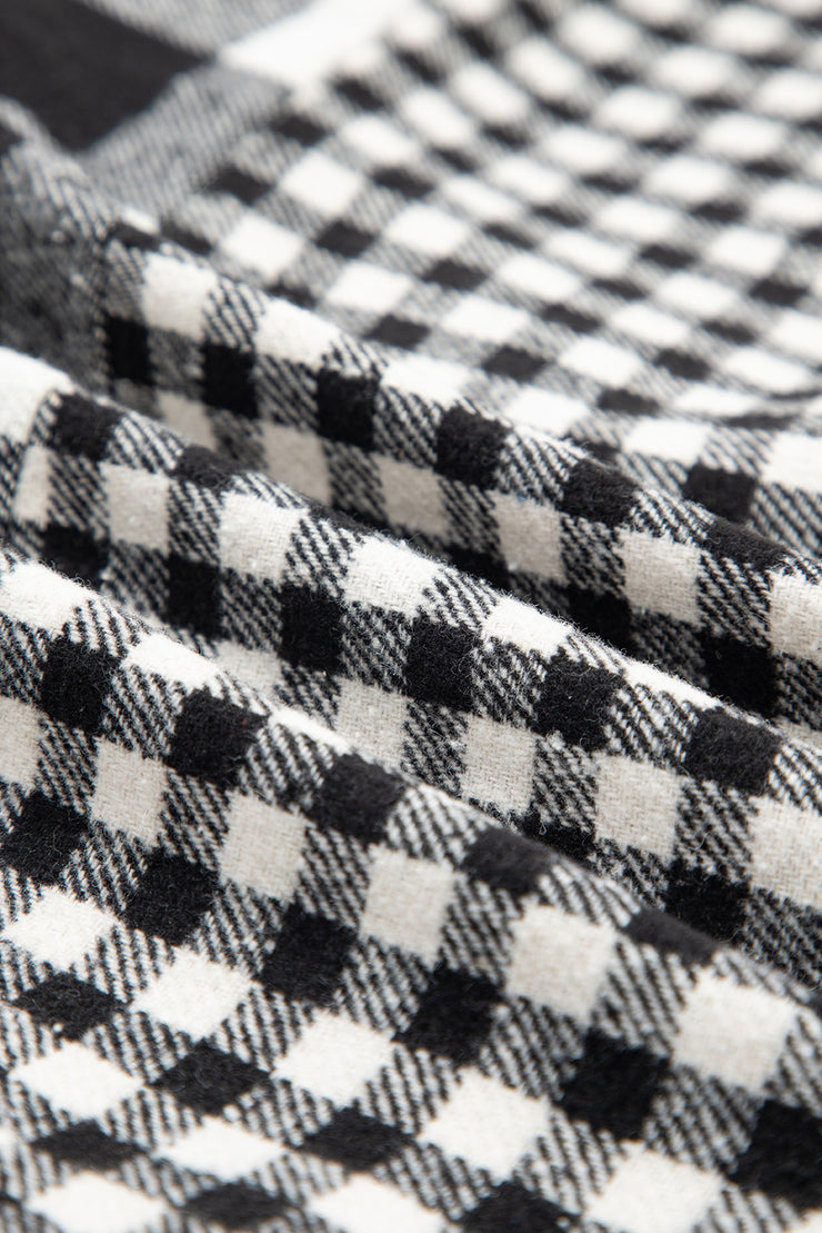 Black Double Plaid Patchwork Drawstring Hooded Shacket