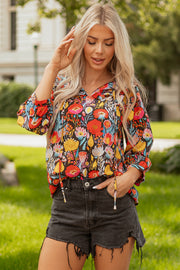 Black Floral 3/4 Puff Sleeve Tied Neck Blouse
