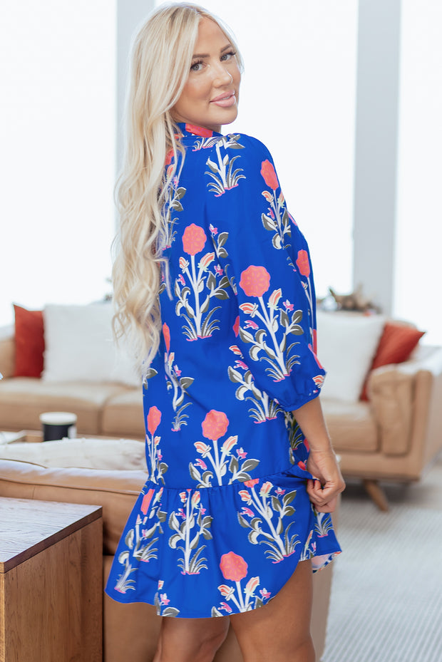Blue Floral Print Button Detail 3/4 Puff Sleeve Ruffle Hem Dress