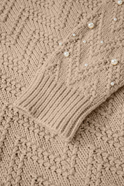 Smoke Gray Pearl Embellished Button Front V Neck Sweater Cardigan