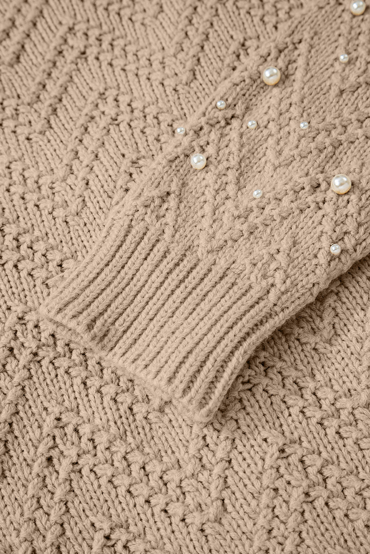 Smoke Gray Pearl Embellished Button Front V Neck Sweater Cardigan