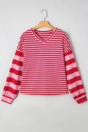 Strawberry Pink Mix Striped Drop Shoulder Patchwork Sleeve V Neck Pullover