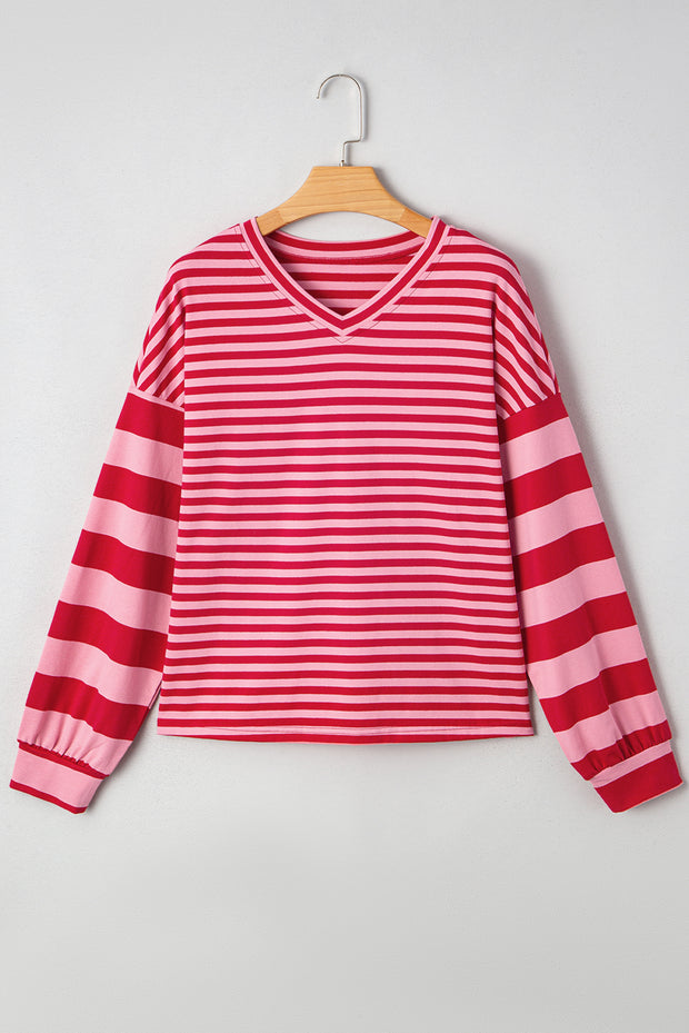 Strawberry Pink Mix Striped Drop Shoulder Patchwork Sleeve V Neck Pullover