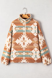 Khaki Quarter Zip Elastic Cuffs Aztec Sweatshirt