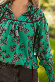 Green Leaves Print Contrast Trim V Neck Shirred Puff Sleeve Blouse