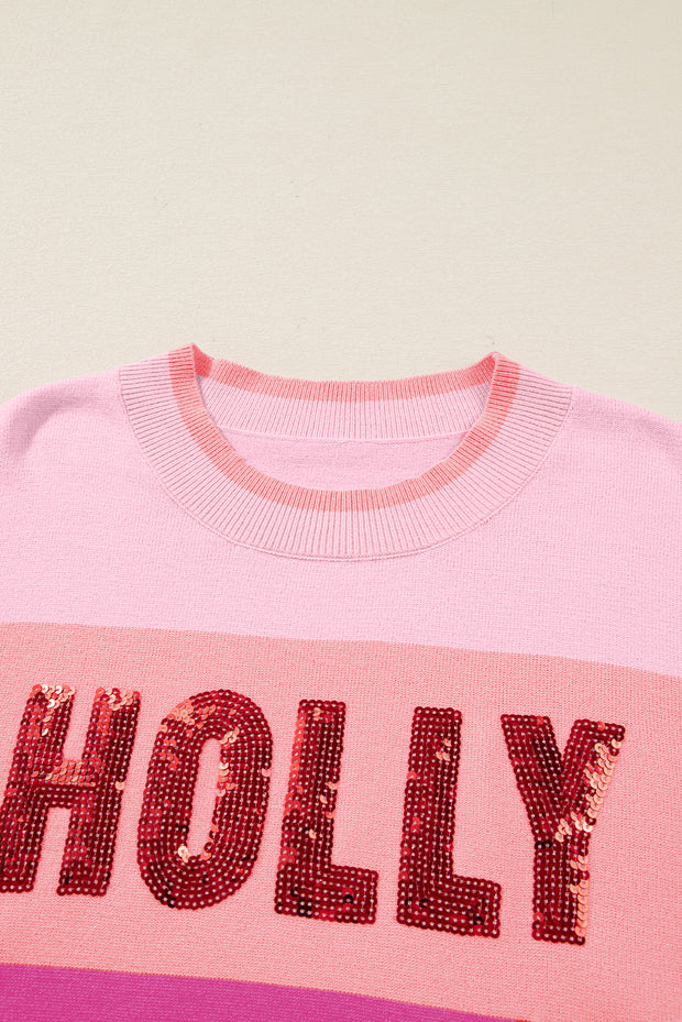 Pink Sequined HOLLY JOLLY Color Block Crew Neck Sweater