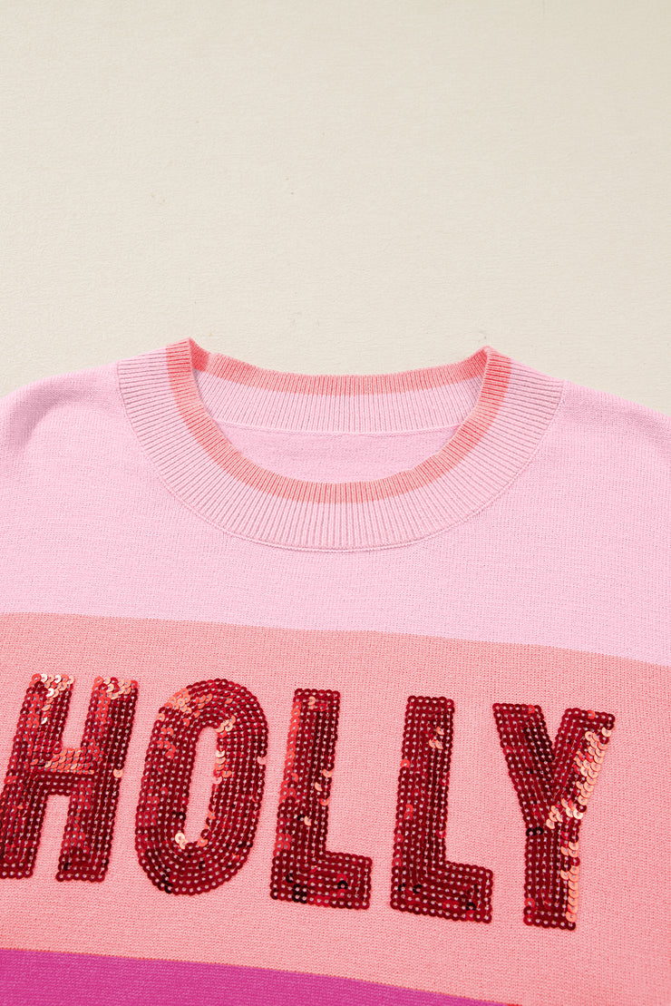 Pink Sequined HOLLY JOLLY Color Block Crew Neck Sweater