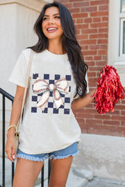 White Checkered Rugby Bowknot Graphic Crew T Shirt