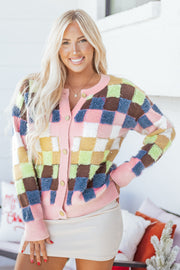Multicolour Plush Checkered Pattern Button Front Cardigan Sweater