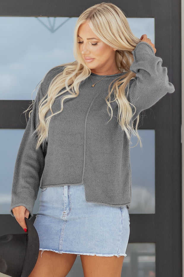 Medium Grey Raw Edge Uneven Hem Patchwork Drop Shoulder Sweater