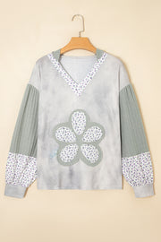 Green Floral Patched Waffle Textured Colorblock V Neck Casual Hooded Top
