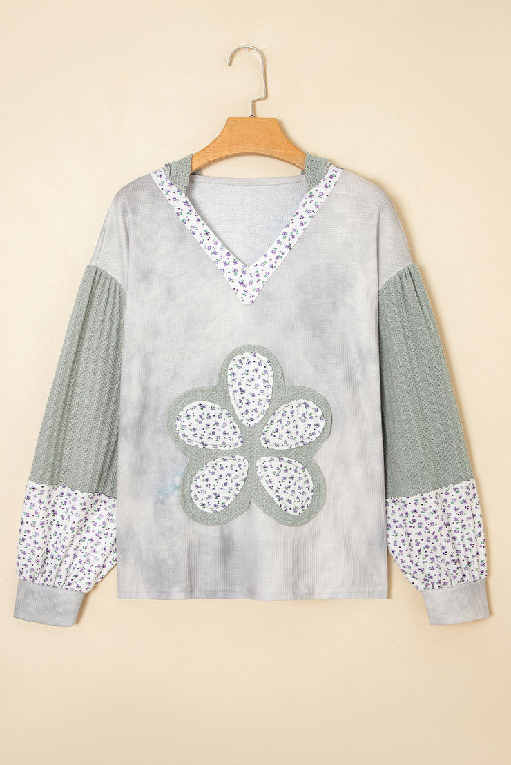 Green Floral Patched Waffle Textured Colorblock V Neck Casual Hooded Top