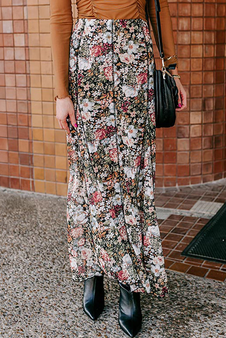 Falda larga de cintura alta con estampado floral marrón