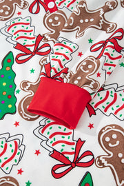 White Christmas Pattern Button V Neck Pullover Drawstring Pants 2pcs Lounge Set