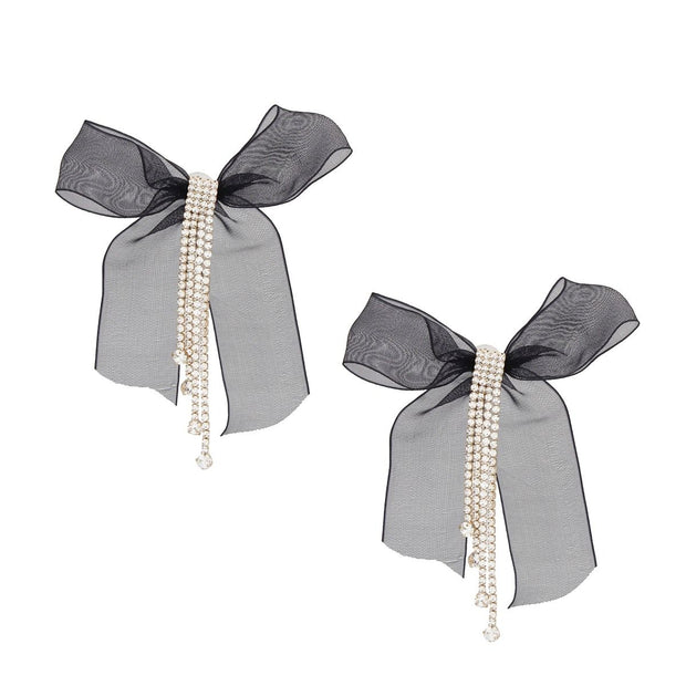 Tassel Black Ribbon Bow Sparkling Fringe Earrings