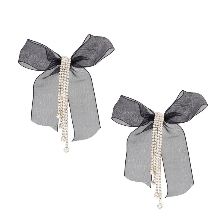 Tassel Black Ribbon Bow Sparkling Fringe Earrings