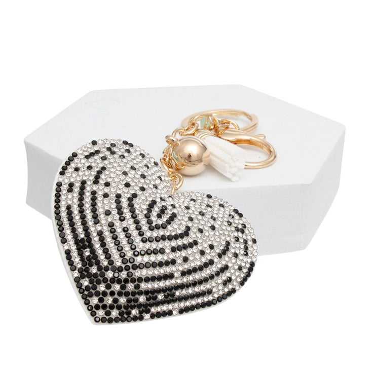 Keychain Sparkling Love Black White Padded Heart