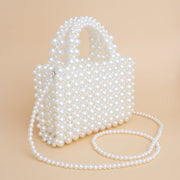 Top Handle Square Cream Pearl Woven Handmade Bag