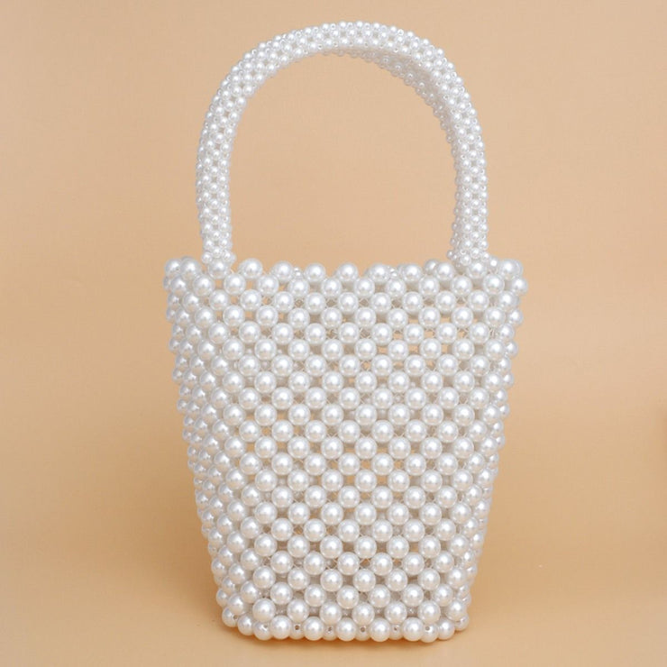 Top Handle Bucket White Pearl Woven Handmade Bag