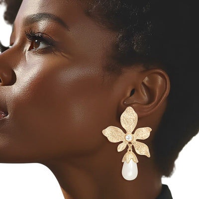 Teardrop Gold Flower Pearl Drop Earrings Women