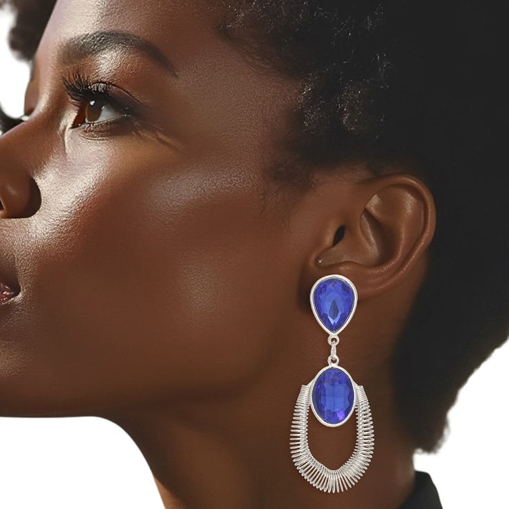 Teardrop Royal Blue Crystal Coiled Wire Earrings