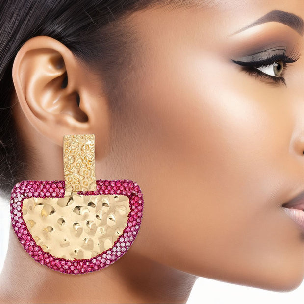 Drop Fuchsia Stone Bubbled Gold Semicircle Earring