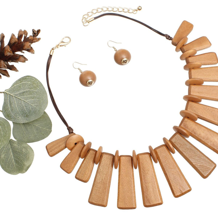 Collar Brown Wooden Bar Fashion Necklace Set