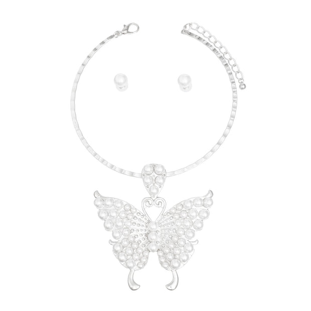 Choker Silver Pearl Butterfly Pendant Necklace