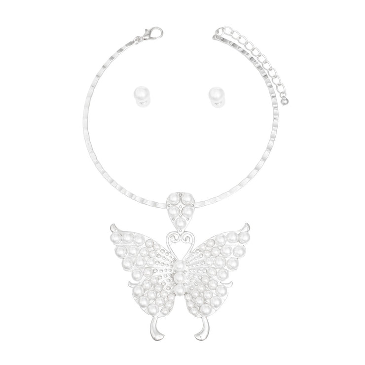 Choker Silver Pearl Butterfly Pendant Necklace