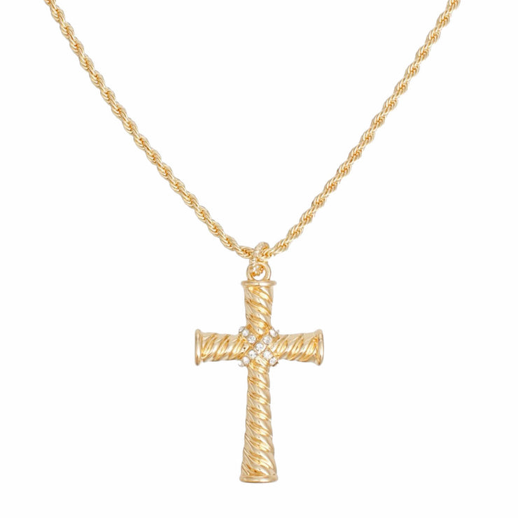 Necklace Gold Rope Chain Ridged Cross for Women