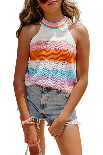 Multicolour Wavy Striped Print Textured Knit Sleeveless Sweater Top