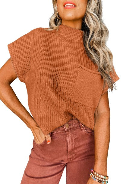 Gold Flame Patch Pocket Ribbed Knit Short Sleeve Sweater