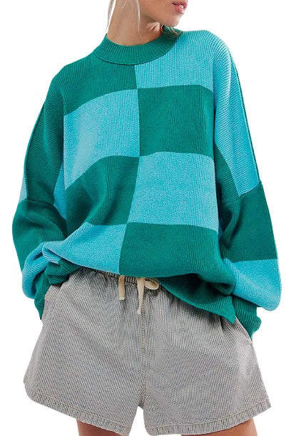 Green Checkered Side Slits Drop Shoulder Oversized Sweater