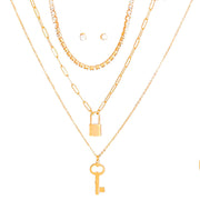 Gold 3 Layer Lock and Key Necklace